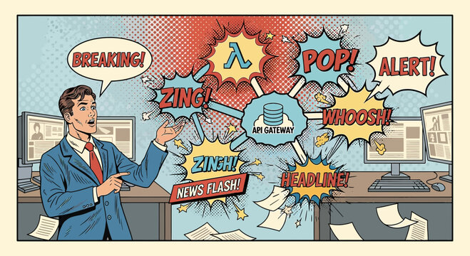 Man explains API Gateway with comic book style alerts and icons