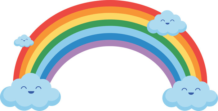 Cute Smiling Rainbow With Happy Clouds Cartoon Weather Vector Illustration Design