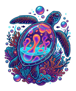 Sea turtle with a glowing lava lamp shell swims through a vibrant underwater coral reef.