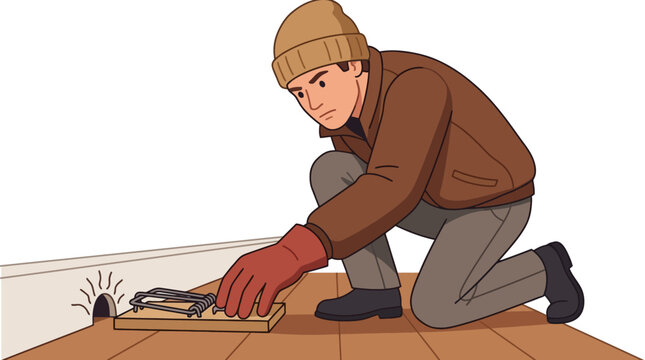 A determined man setting a wooden mousetrap near a hole in the wall. EPS Editable. Vector Illustrations.