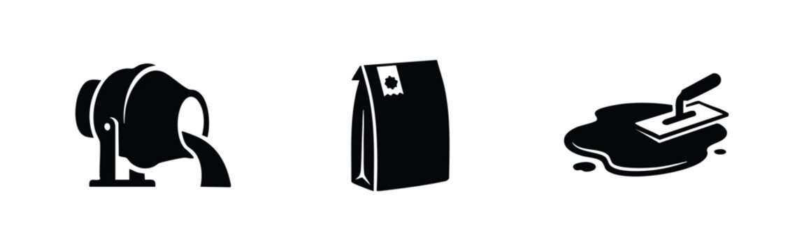 Concrete mixer and cement bag construction icons set