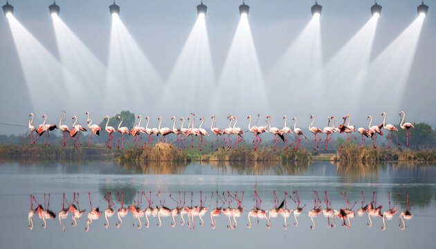 A flock of elegant pink flamingos performing a synchronized dance in a serene wetland setting with spotlights overhead.