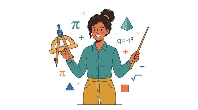 A friendly female mathematics teacher explaining geometric concepts with tools. EPS Editable. Vector Illustrations.