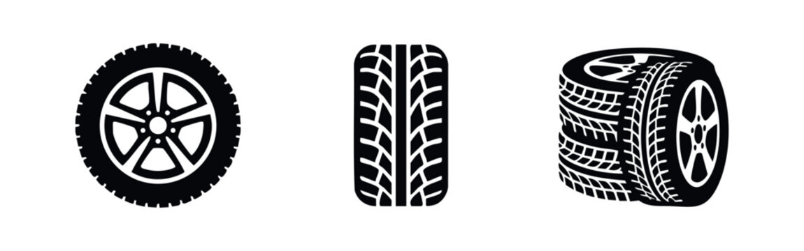 Car tires and rubber wheel service icons set