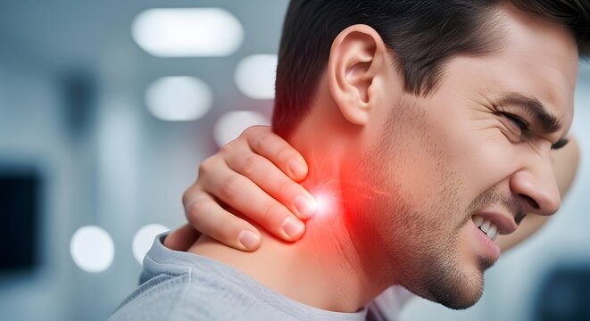 Man holding neck with red glowing pain area. Cervical spine injury and muscle tension. Male person wincing in discomfort while touching painful stiff neck
