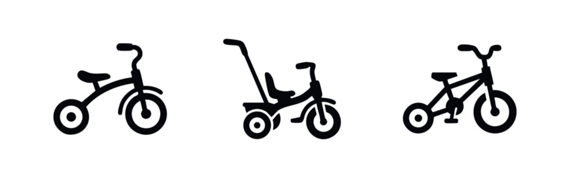 Children tricycles and balance bike icons set vector illustration