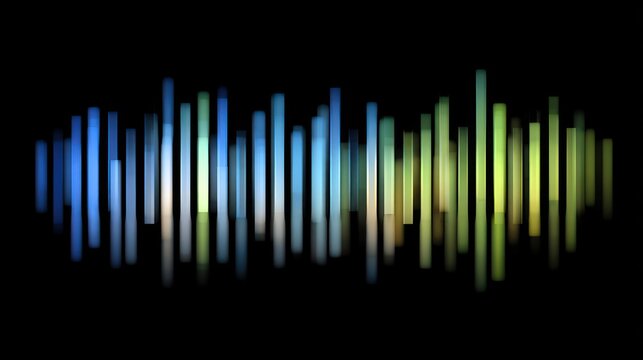 Glowing digital sound bars display rhythmic visual modulation against a dark background