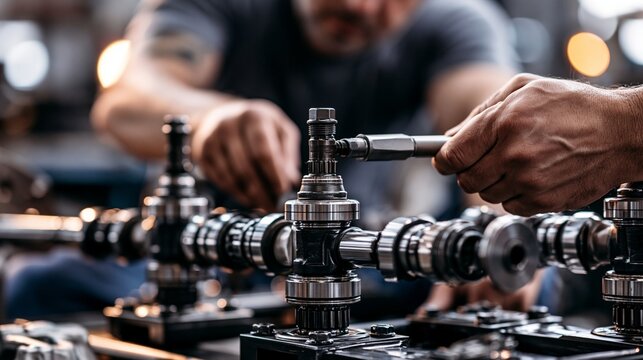 Medium shot showing hands mounting independent suspension parts with precision on metal frames emphasizing modern automotive assembly workflow.