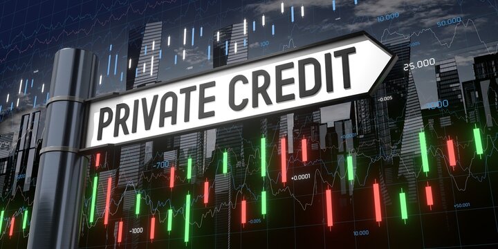 Private Credit - signpost and financial data - 3D illustration