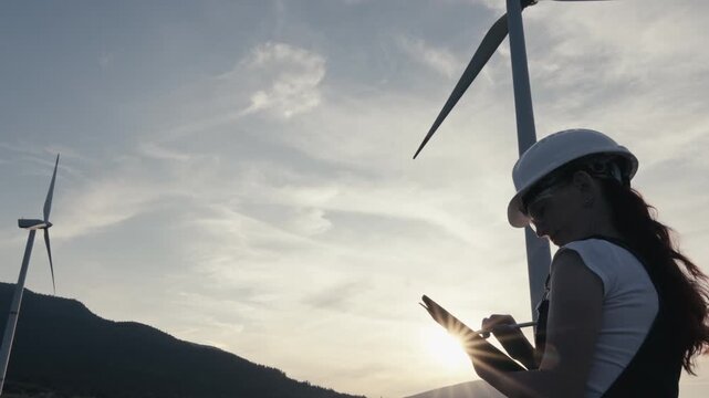 Woman engineer inspects wind turbine with tablet, ensuring optimal performance and efficiency in renewable energy sector. Focus on innovation, sustainability, and green technology advancements