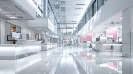 Fototapeta premium Modern hospital reception area with reflective flooring, bright