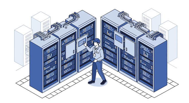 IT technician working in a server room with data racks and network equipment