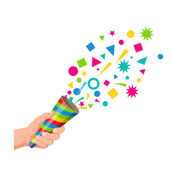 A hand holds a colorful noisemaker emitting vibrant shapes and symbols in celebration.