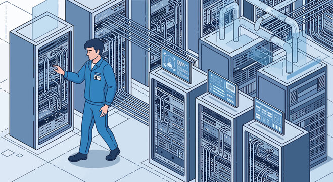 IT technician working in server room with data racks and cables | Data center technician