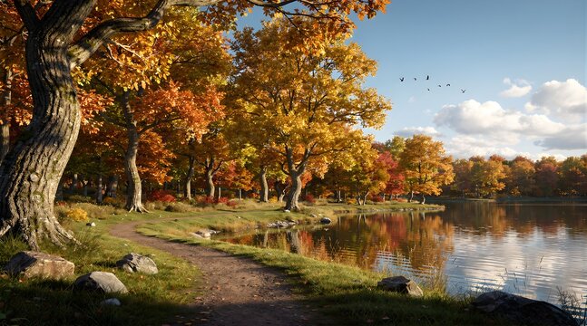 A peaceful autumn forest path winding along the serene lake shore.