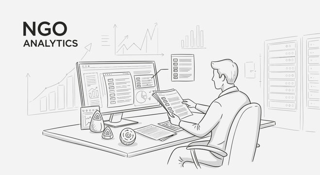Man analyzing data on computer, NGO analytics and reports concept