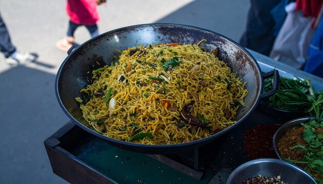 Indian style chowmein noodles with vegetables at vibrant street market