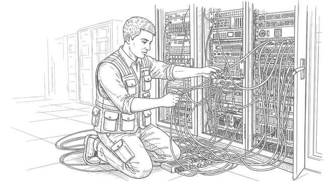 IT Technician Working on Server Racks with Many Cables in Data Center