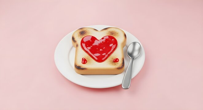 Toasted bread with heart shaped red jam on a plate