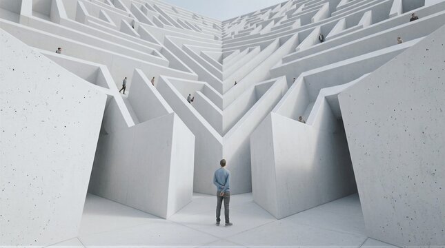 Man Standing Alone in Vast Concrete Labyrinth with Multiple People Walking Through