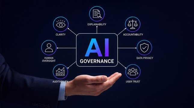 AI Governance and Responsible Artificial Intelligence Compliance Framework Concept with Business Hand Holding Digital Interface