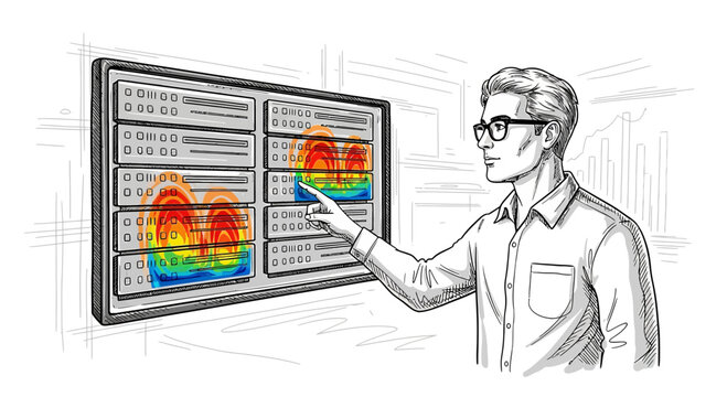 Man analyzing scientific data visualization on large screen