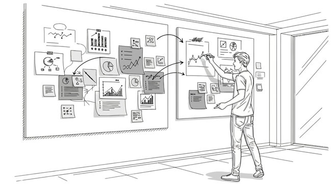 Man drawing on whiteboard with charts and graphs in office, business planning