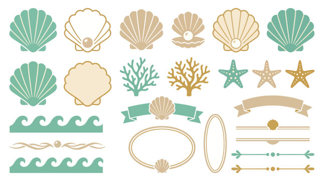 Coastal wedding seashell ornament vector set with pearls, coral branches, starfish, wave borders and elegant decorative frame elements