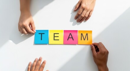Obraz premium Hands Arranging Colorful Sticky Notes Spelling Out TEAM on White Table.