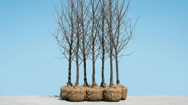 Group of Bare Sapling Trees with Balled Roots Against a Clear Blue Sky.