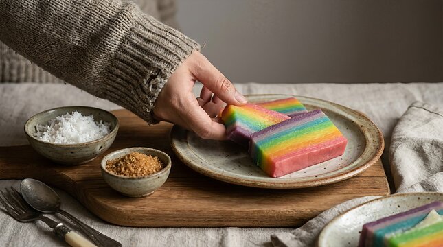 A hand places a slice of colorful rainbow layer cake onto a plate, with small bowls of toppings nearby. A close-up shot.
