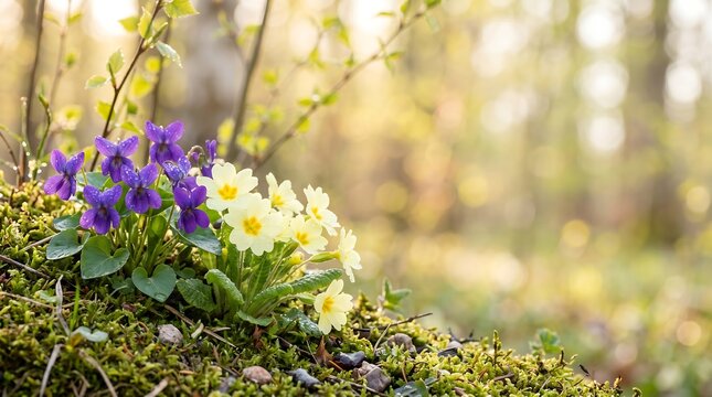 Purple violets and yellow primroses bloom on mossy ground in a sunlit spring forest.
