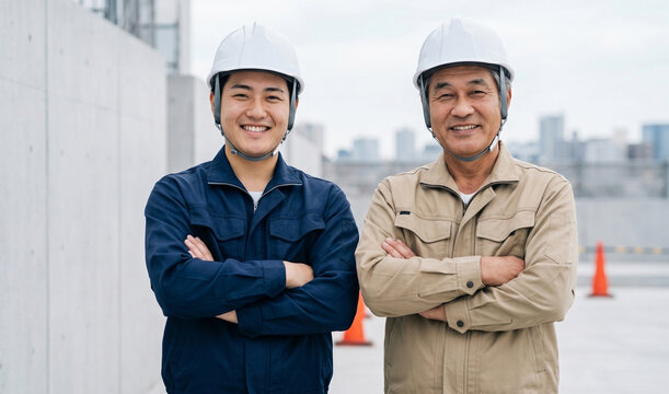 建設現場で腕を組んで笑顔を見せる若手とベテランの作業員