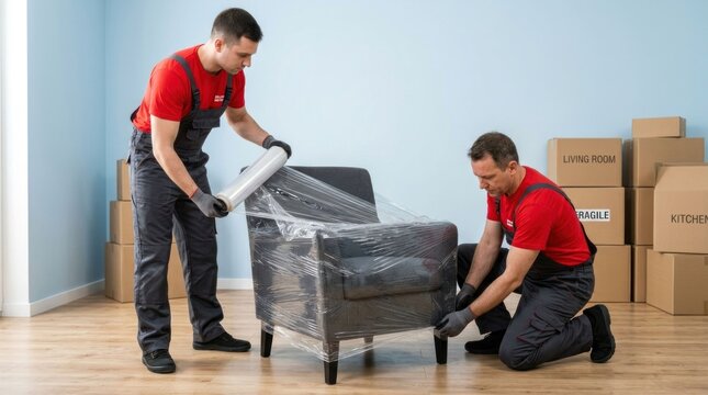 Professional Movers Carefully Wrapping an Armchair for Safe Transport.