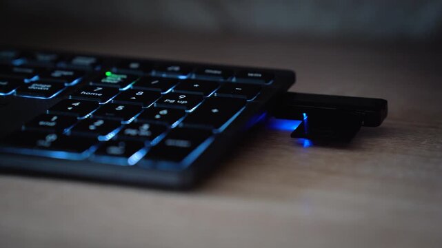 Hand Plugging USB Flash Drive into Backlit Wireless Keyboard, Data Storage and Connection Concept with Glowing Blue LED Light, Closeup of Computer Accessory on Wooden Table, 4K Footage