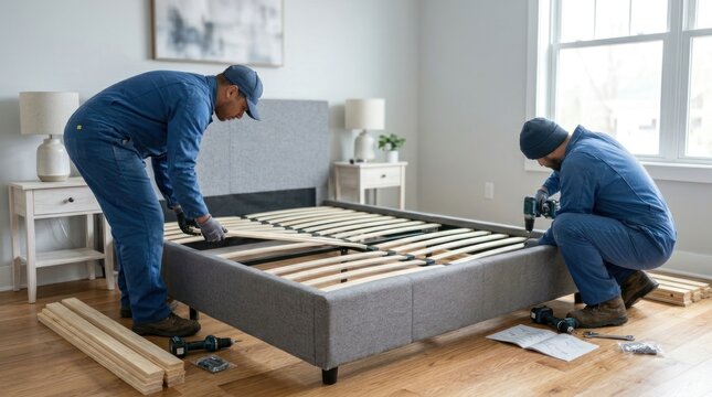 Two men assembling a bed frame in a bedroom.