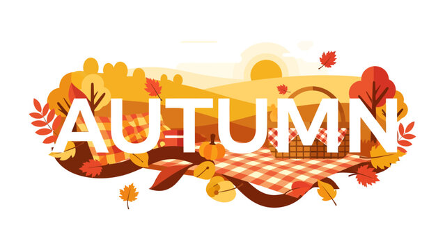 Autumn picnic scene: An illustration depicting a joyful autumn picnic in a park, with a picnic blanket, basket, and colorful fall foliage. The word AUTUMN is prominently displayed.