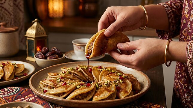 A close-up shot of hands drizzling syrup onto a plate of sweet Qatayef pancakes, garnished with nuts. Dates and a lantern are visible in the background.