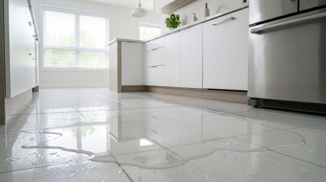 Water leak on the shiny tiled floor of a modern kitchen.
