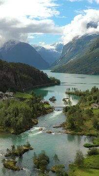 Aerial view of Lovatnet lake (loen lake) and mountain valley in Norway.
