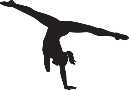 Black silhouette of a female gymnast performing a cartwheel handstand with legs split in wide straddle on white background
