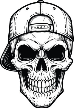 Black and white illustration of skull wearing baseball cap backwards