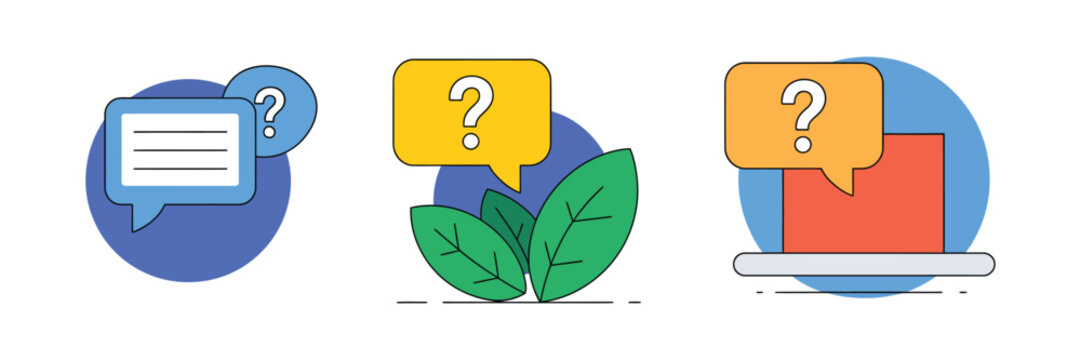 FAQ Information System Vector Set, flat Q&A icons representing support communication, solution discussion and knowledge base help center modern design concepts.