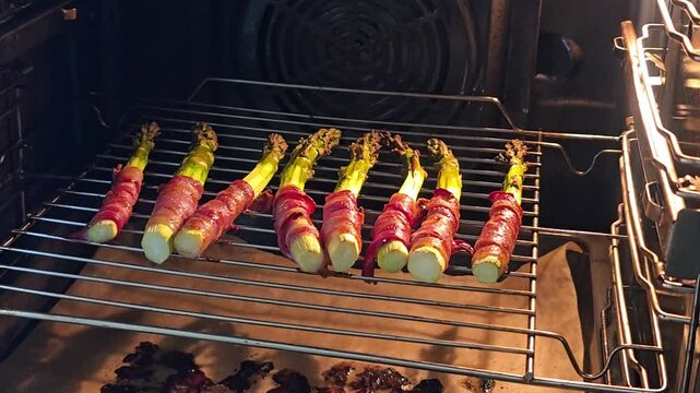 Fresh green asparagus wrapped in bacon roasting on a wire rack inside a hot oven, delicious homemade healthy dinner preparation process close up. Video 4k