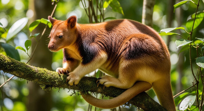A golden-brown tree kangaroo with a long tail perched on a mossy tree branch within a dense sunlit forest canopy