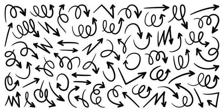 Collection of hand drawn doddle arrow set. Abstract curved, straight, dotted, and swirled arrows design collection. Vector illustration on white background