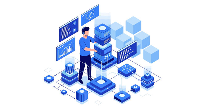 IT Professional Managing Data Servers - Isometric Digital Illustration