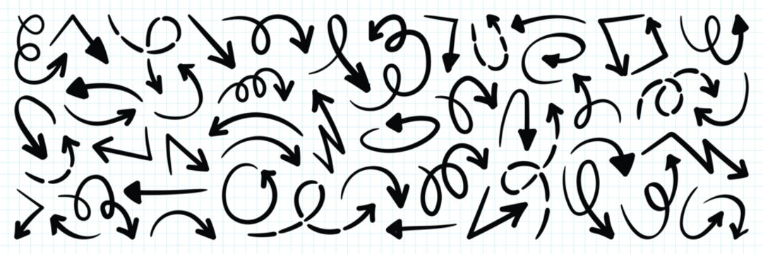 Set simple arrows isolated. Hand drawn doodle arrows set. Curvy, sketchy  directional symbols. Collection of swirl arrow elements for infographic design vector illustrator.