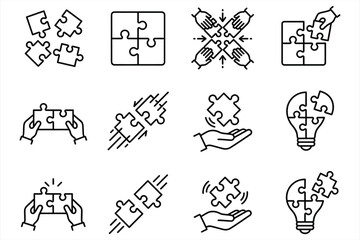 Creative puzzle-piece icons set showcasing teamwork collaboration innovation problem-solving and brainstorming concepts in monochrome line art © Vector Classic 