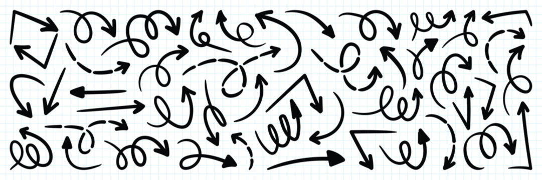 Set simple arrows isolated. Hand drawn doodle arrows set. Curvy, sketchy  directional symbols. Collection of swirl arrow elements for infographic design vector illustrator.